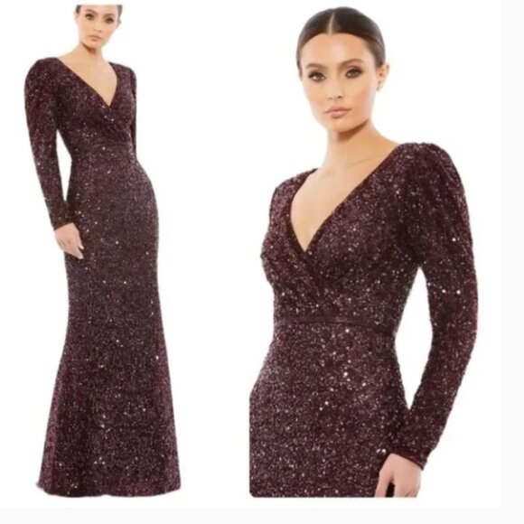 MAC DUGGAL 5510 PUFF SHOULDER SURPLICE SEQUINED MAHOGANY COLUMN GOWN sz 18 - Picture 7 of 7